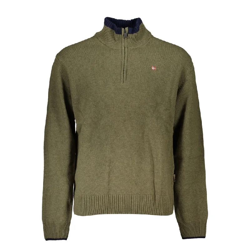 Green Fabric Men Sweater Welt Pockets Slit Pockets Flap Pockets