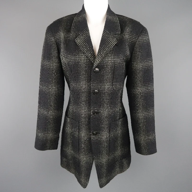 MATSUDA Size L Black &  Moss Green Plaid Wool / Silk Jacket Coat Mesh Jacket Canvas Jacket Denim Jacket