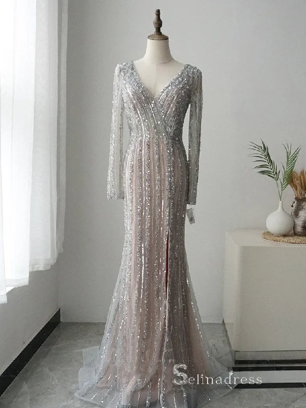 luxury Mermaid Long Sleeve Beaded Prom Dress Silver Long Evening Dress MLH0470