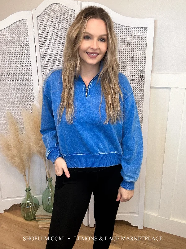Ocean Blue Acid Wash Fleece Pullover One Shoulder Top