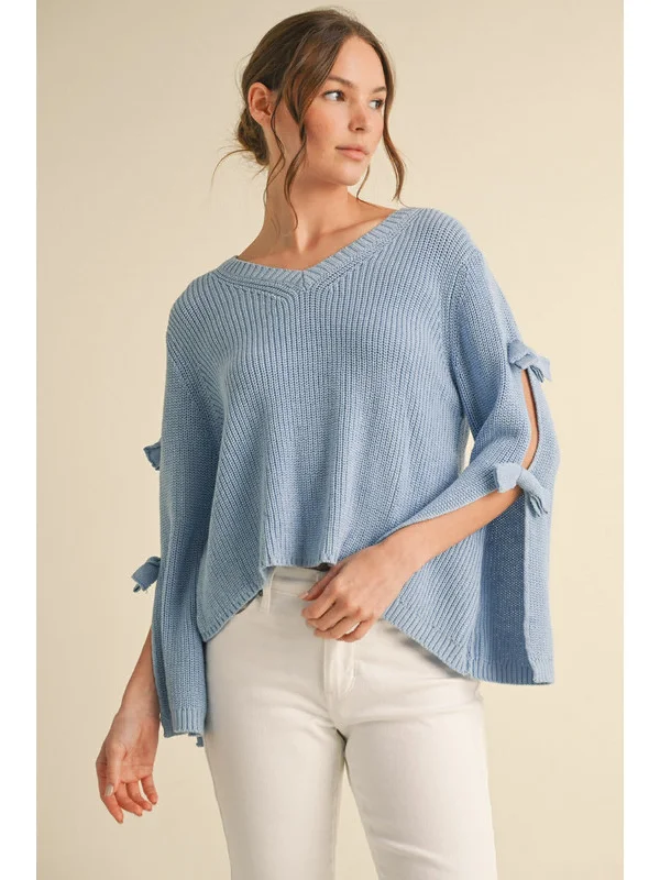 Open Sleeve Bow Blue Sweater Real Fur Shearling Chenille