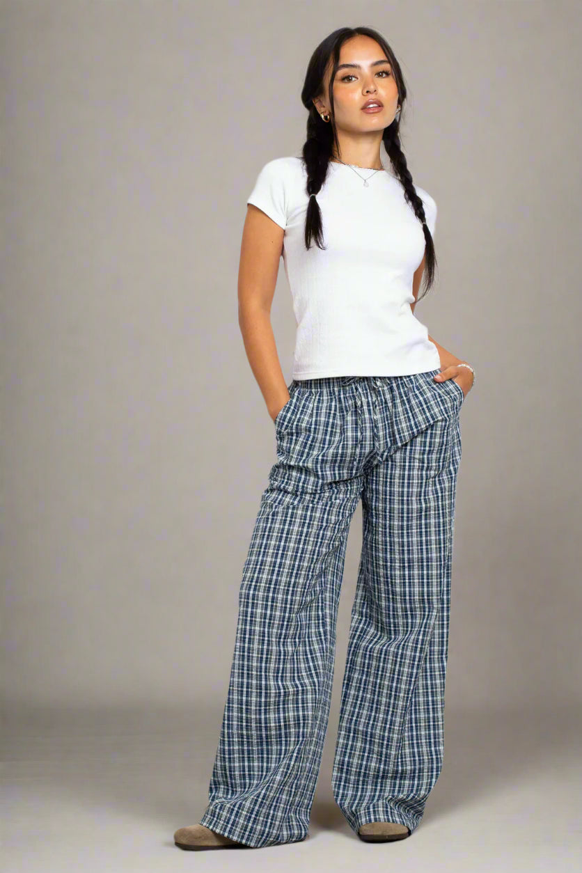 Daisy Street Check Wide Leg Trouser with Drawcord Waist Trousers Floral Bohemian