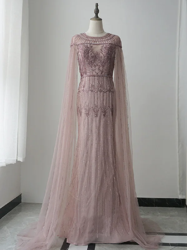 luxurious Mermaid Scoop Pink Prom Dress Beaded Evening Dresses GKF012