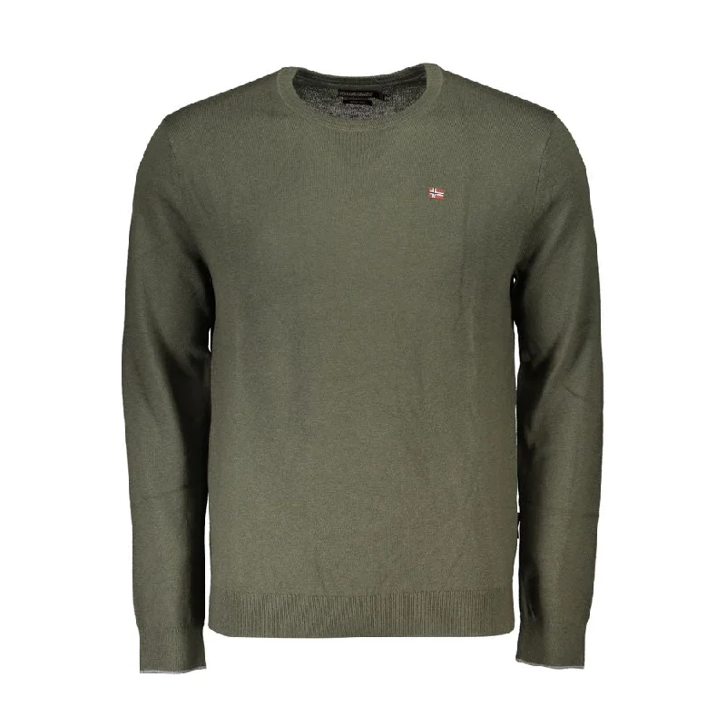 Green Fabric Men Sweater Turtle Neck Boat Neck Asymmetrical Neck