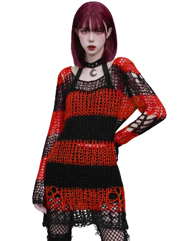 Punk Rave Womens Shredded Broken Knit Sweater Top - Black & Red Stripe Polka Dot Checkered Tartan