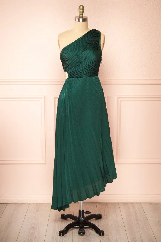 Swifty | Green Asymmetrical Pleated Satin Dress