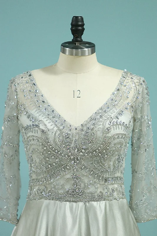 Evening Dresses A Line V Neck 3/4 Length Sleeves With Beading Satin
