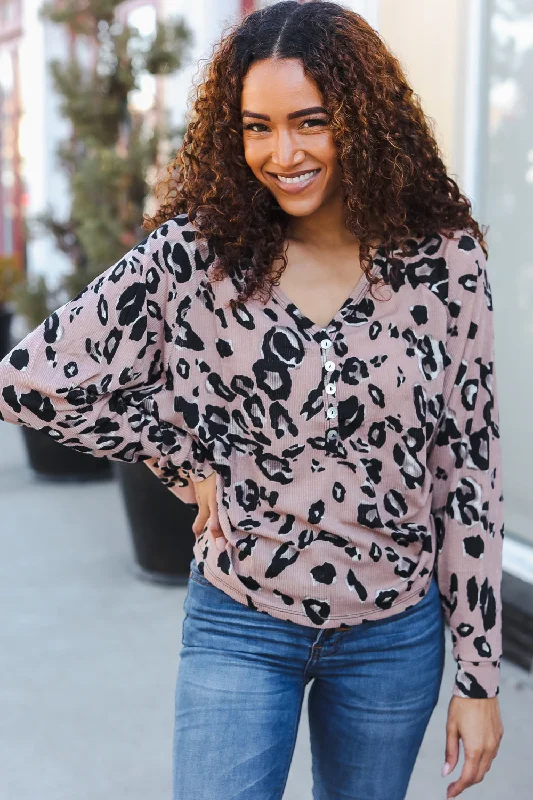 Be Bold Beige Rib Animal Print Button Placard Dolman Pullover Three Quarter Sleeve