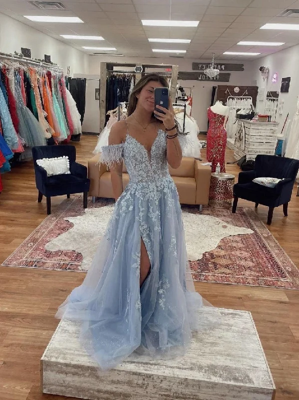 Chic Spaghetti Straps Lace Beaded Long Prom Dress Feather Blue Elegant Evening Dress #JKSS61 Chic Spaghetti Straps Lace Beaded Long Prom Dress Feather Blue Elegant Evening Dress #JKSS61