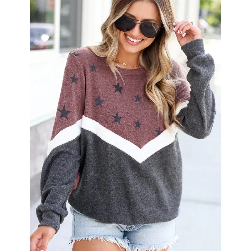 Women Long Sleeves Star Print Fall Sweaters Collared Crew Neck Turtle Neck