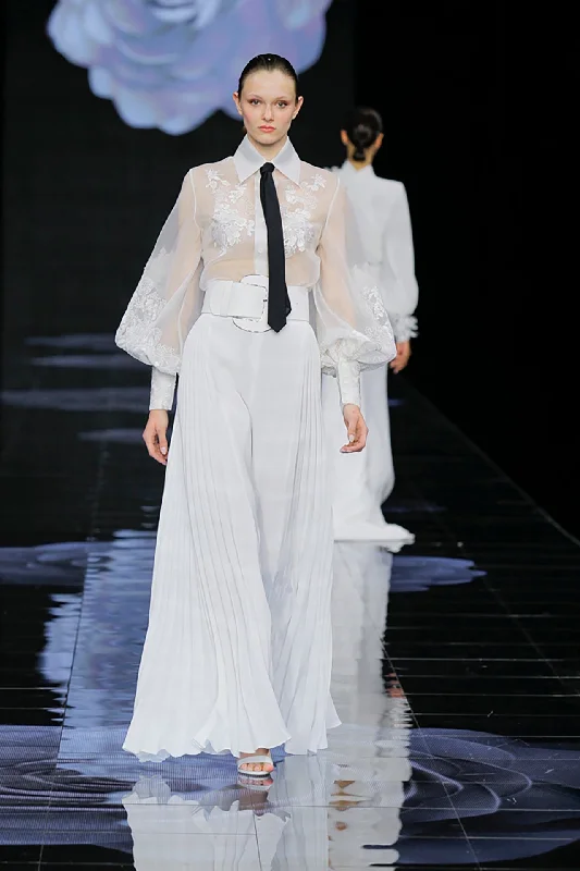 Semi sheer top with pleated trousers Trousers Trousers Formal