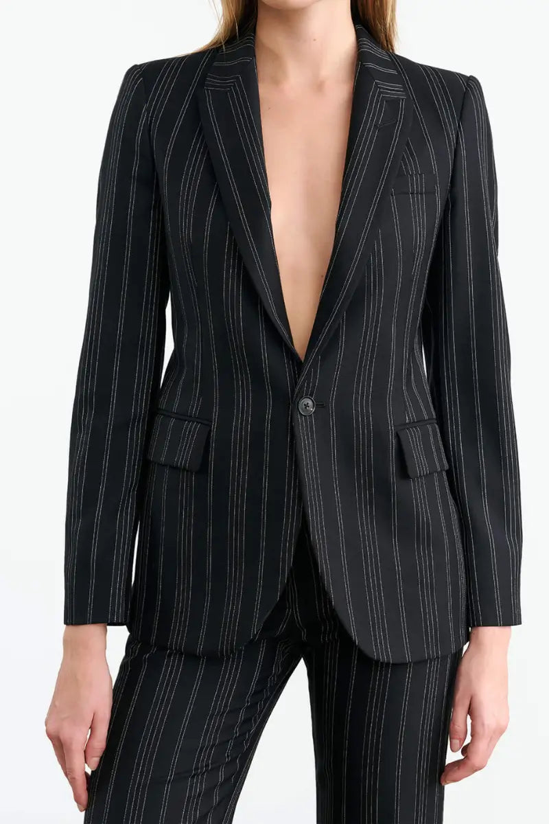 Nili Lotan - Anabel Tailored Jacket in Black Pinstripe Oversized Jacket Tailored Jacket Straight Jacket