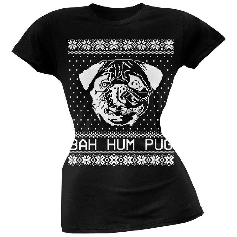 Bah Hum Pug Ugly Christmas Sweater Black Soft Juniors T-Shirt Satin Fabric Silk Fabric Chiffon Fabric