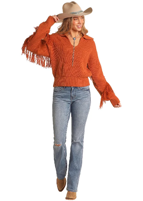 ROCK & ROLL ORANGE FRINGE SWEATER Handmade Hand-knitted Hand-woven