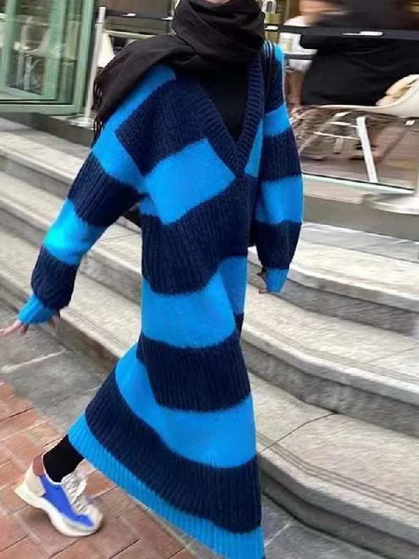 Womens Super Long Striped Knitted Pullover Round Neck Loose Sweater Dresses Notched Neck Pullover Womens Super Long Striped Knitted Pullover Round Neck Loose Sweater Dresses Notched Neck Pullover