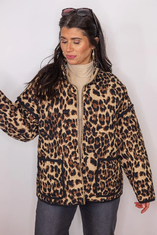 Leopard Print Dreams Quilted Jacket Toggled Jacket Drawstring Jacket Belted Jacket