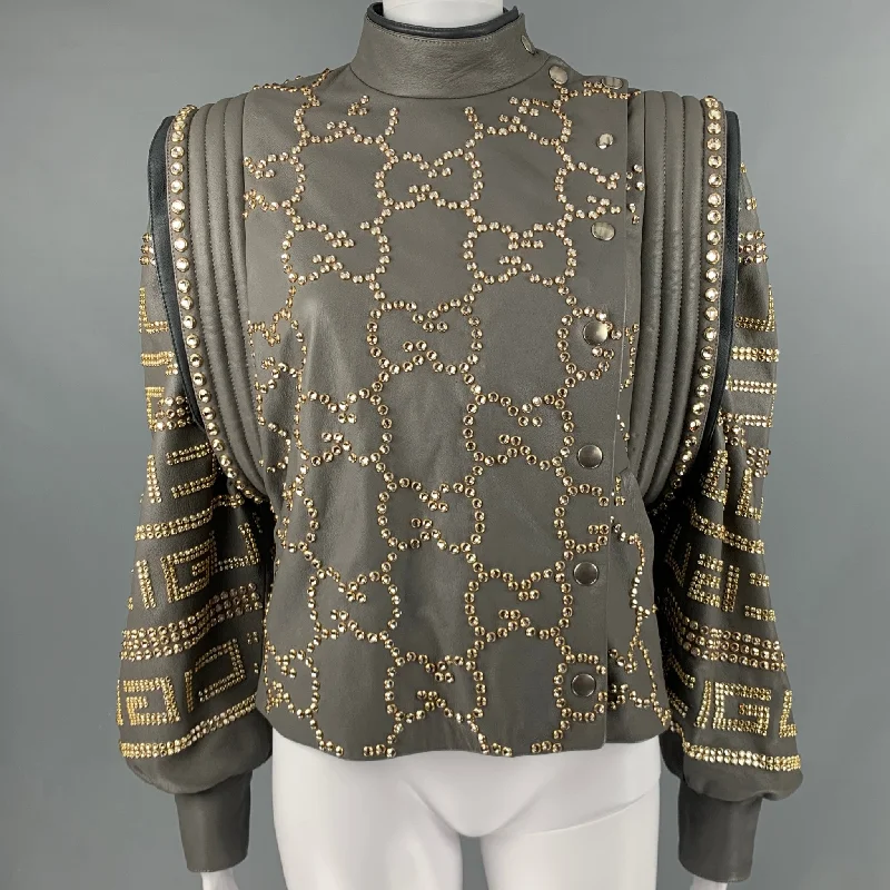 GUCCI FW2018 Runway Size 2 Grey Gold Leather Studded Cropped Jacket Knit Fabric Woven Fabric Fleece Fabric