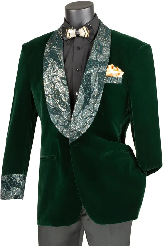 Emerald Green Prom Suit - Green homecoming suits - Mens Velvet Prom Emerald Hunter Green Smoking Jacket with fancy paisley glitter lapel and cuff Emerald Green Prom Dress Green Prom Dress Insulated Jacket Fitted Jacket Loose Jacket