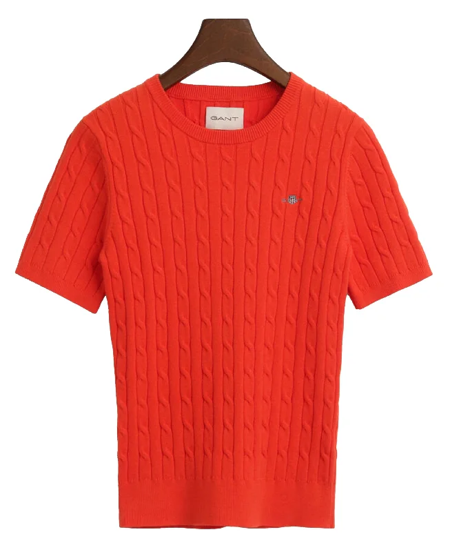 Stretch Cotton Cable Knit Sweater - Orange Red Spandex Rayon Corduroy