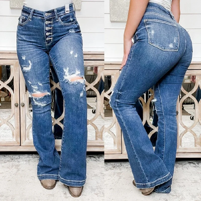 Judy Blue Eliza Distressed Mid Rise Button Fly Trouser Flare Dark Wash Jeans Trousers Sale Discount