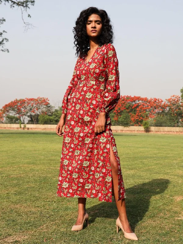 trueBrowns Red Cotton Block Print Backless Dress