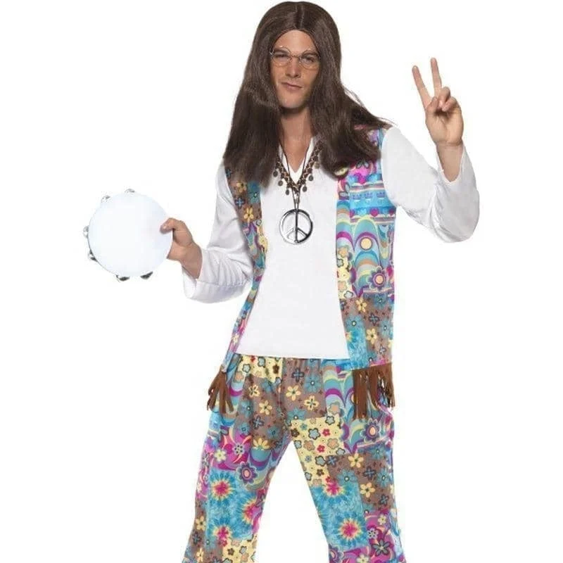 Groovy Hippie Costume Adult Blue Floral Top With Attached Waistcoat Trousers Headband Trousers New Arrival