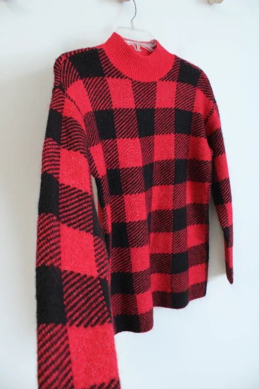 LOFT Red Black Plaid Knit Sweater | S Petite Chenille Brocade Lace
