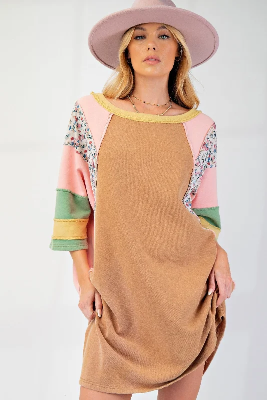Easel OVERSIZED Terry Knit and Color Mix Dress in Pink Latte