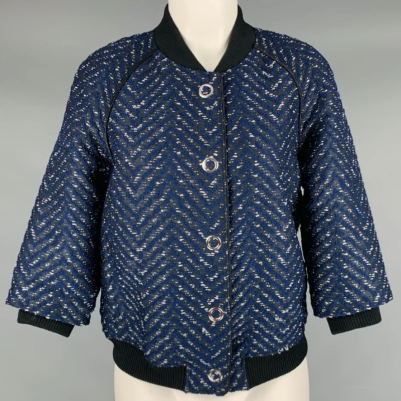3.1 PHILLIP LIM Size 4 Black Navy Polyester Cotton Chevron Bomber Jacket Tailored Jacket Straight Jacket A-Line Jacket