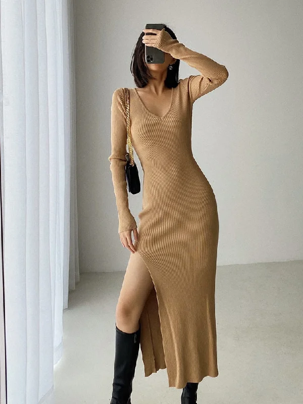 Long Sleeve slit sweater dress slim tight fitting hip knit over the knee dresses Terry Blend Velvet Blend Canvas Blend