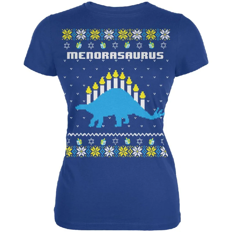 Hanukkah Ugly Sweater Menorasaurus Menorah Stegasaurus Juniors Soft T Shirt Transparent Opaque Sheer