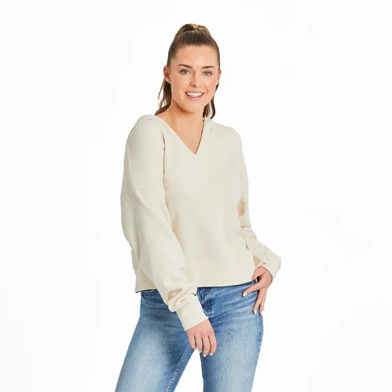 Life is Good. Women's Solid French Terry Boxy Pullover Hoodie, Putty White Honey Neck Pullover