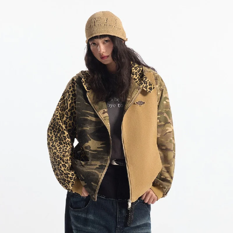 Camouflage Hooded Denim Jacket - Stylish and Bold Contrast Patchwork Denim Fabric Leather Fabric Suede Fabric