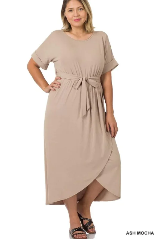 Plus Size Belted Short Sleeve Tulip Dress
