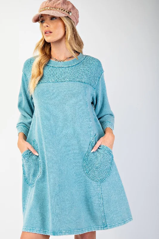 Easel Mineral Washed Terry Knit and Thermal Dress in Faded Teal