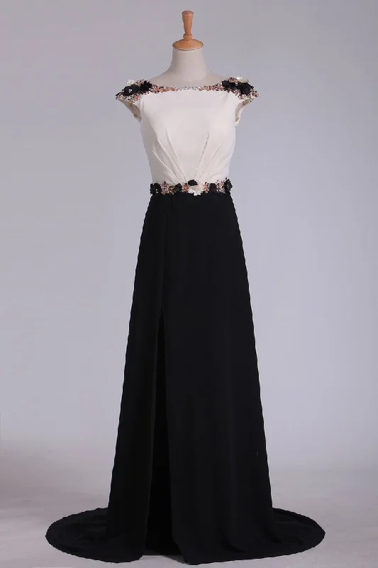 Chiffon Prom Dresses Bateau Open Back With Beading Sweep Train