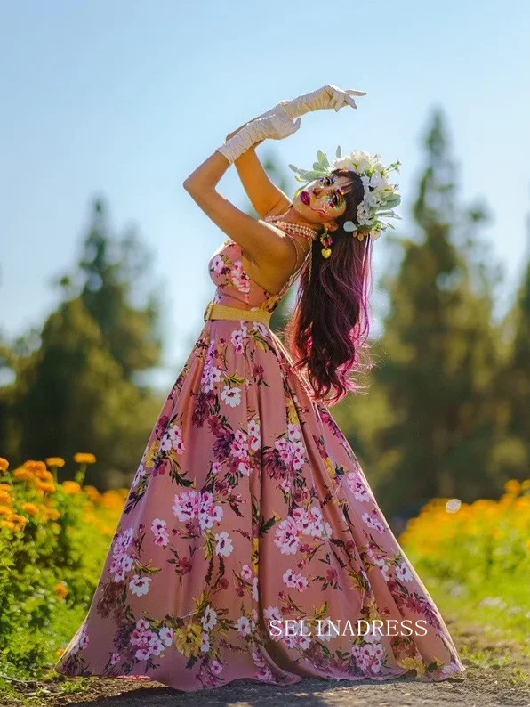 Chic Beautiful A-line Spaghetti Straps Long Prom Dresses Pink Flower Evening Dresses jkw234 Chic Beautiful A-line Spaghetti Straps Long Prom Dresses Pink Flower Evening Dresses jkw234