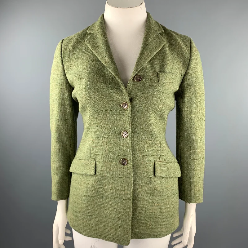 LUCIANO BARBERA Size 10 Green Windowpane Tweed Notch Lapel Jacket Belted Jacket Elasticated Jacket Padded Jacket