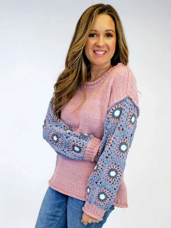 SQUARE PATTERN BALLOON SLEEVE SWEATER - ROSE BLUE Casual Formal Business