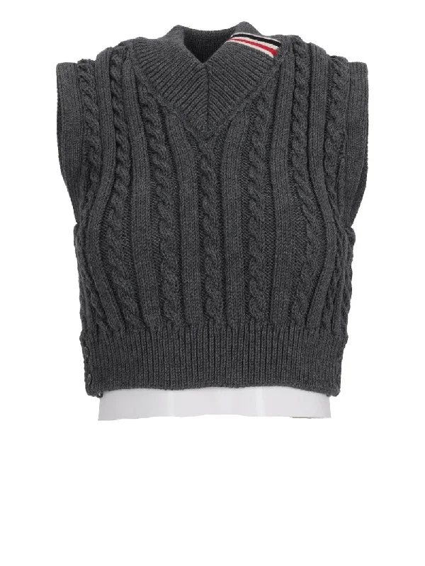 BABY CABLE STITCH CROPPED V NECK PULLOVER VEST IN MERINO WOOL W/ RWB STRIPE INTARSIA Bardot Neck Top