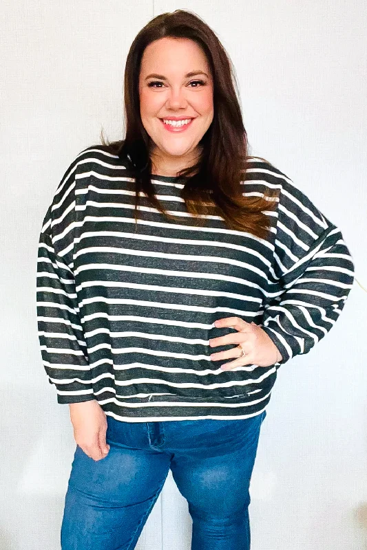 Look Striking Charcoal Stripe Terry Banded Dolman Pullover Set Sleeve Pullover