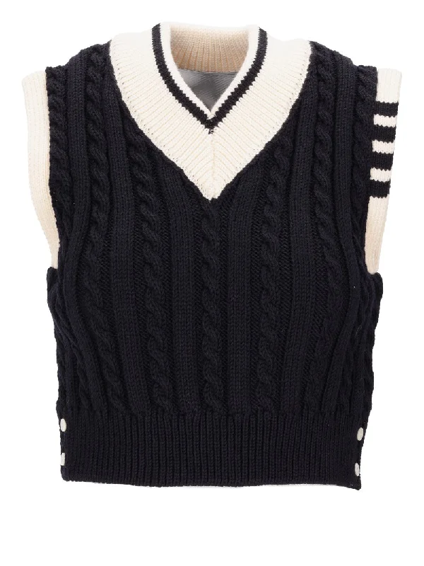 CLASSIC BABY CABLE STITCH CROPPED V NECK PULLOVER VEST IN MERINO WOOL W/ 4 BAR STRIPE Besom Neck Pullover