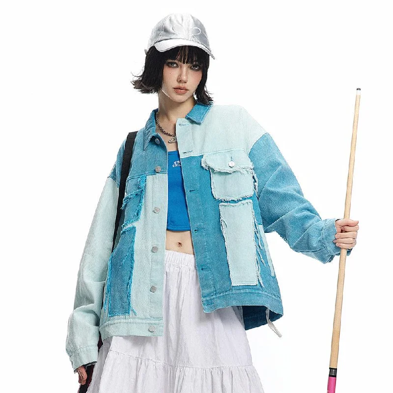 Irregular Color Contrast Patchwork Denim Jacket - Trendy Casual Outerwear Anorak Shell Jacket Lightweight Jacket Irregular Color Contrast Patchwork Denim Jacket - Trendy Casual Outerwear Anorak Shell Jacket Lightweight Jacket