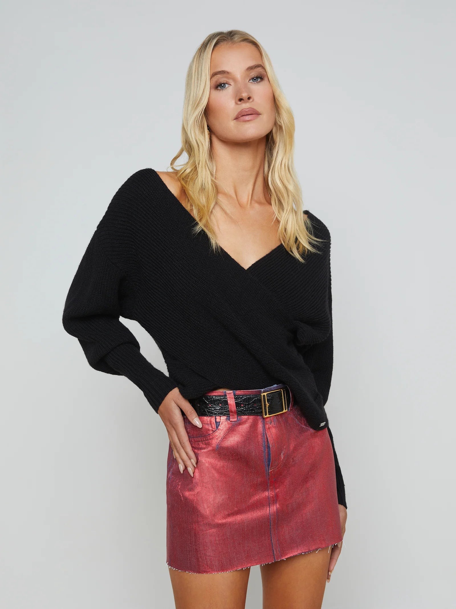 Antonella Crossover Sweater Black - L'AGENCE Boat Neck Shawl Collar Notched Collar