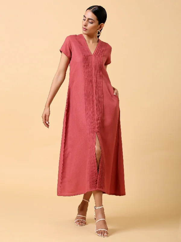 trueBrowns Cotton Linen Rust Red Pleated Dress