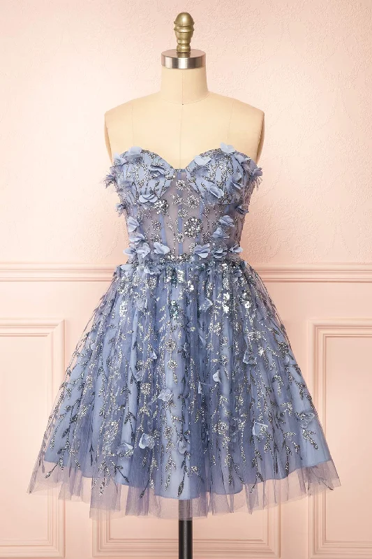 Eudora | Short Sparkly Blue Dress w/ Floral Appliqués
