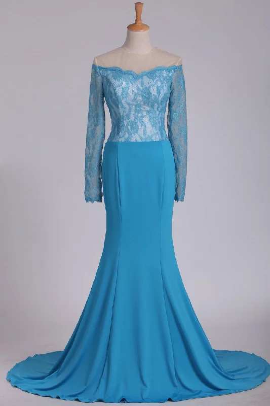 Long Sleeves Mermaid Prom Dresses With Applique Sweep Train Spandex