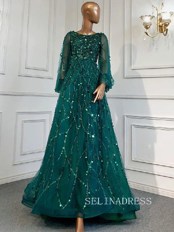 A-line Scoop Long Sleeve Green Long Prom Dress Sparkly Evening Gowns hlks016