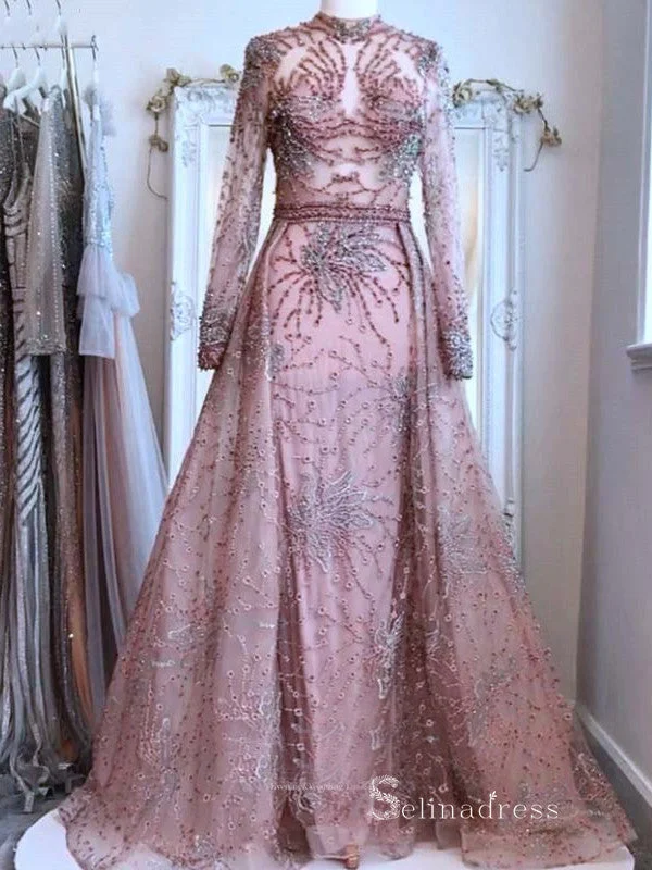 Chic A-line High Neck Long Sleeve luxury Pink Long Prom Dress Beaded Evening Gowns MLH0465