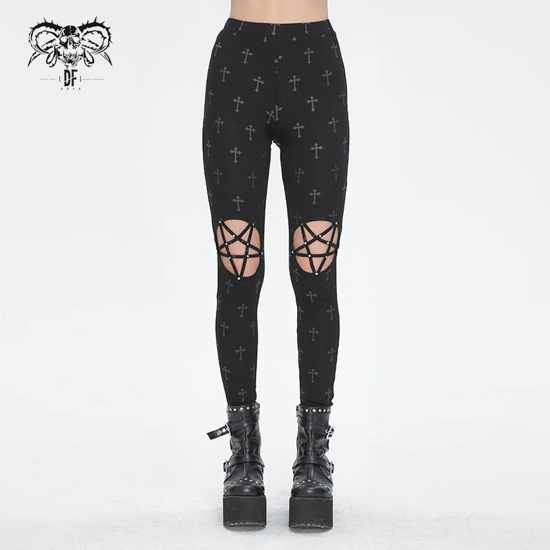 PT234 Knee star-shaped hollow out cross printing knitted trousers for women Trousers Corduroy Warm